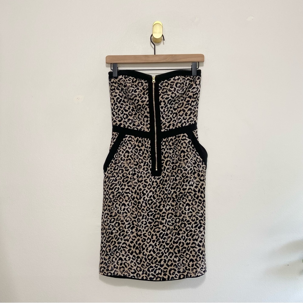Rebecca Taylor Strapless Leopard Print Sheath Dress with Black Trim